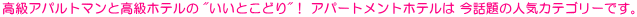 �A�p�[�g�����g�z�e���́A�����z�e���̃T�[�r�X�ƈ��S���ƁA�A�p���g�}���̋��S�n�̗ǂ��i�L���q���A�L�b�`���t���Ȃǁj�����˔������A�ߔN�Ƃ�킯�l�C���W�߂�V�����^�C�v�̃z�e���ł��B